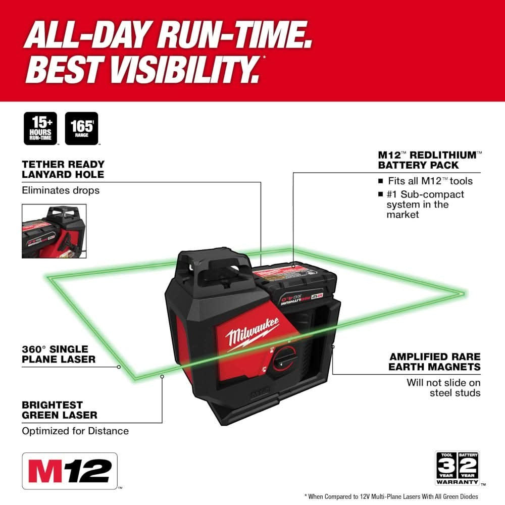 Milwaukee 3631-20 M12 Green 360 Degree Single Plane Laser, Bare Tool