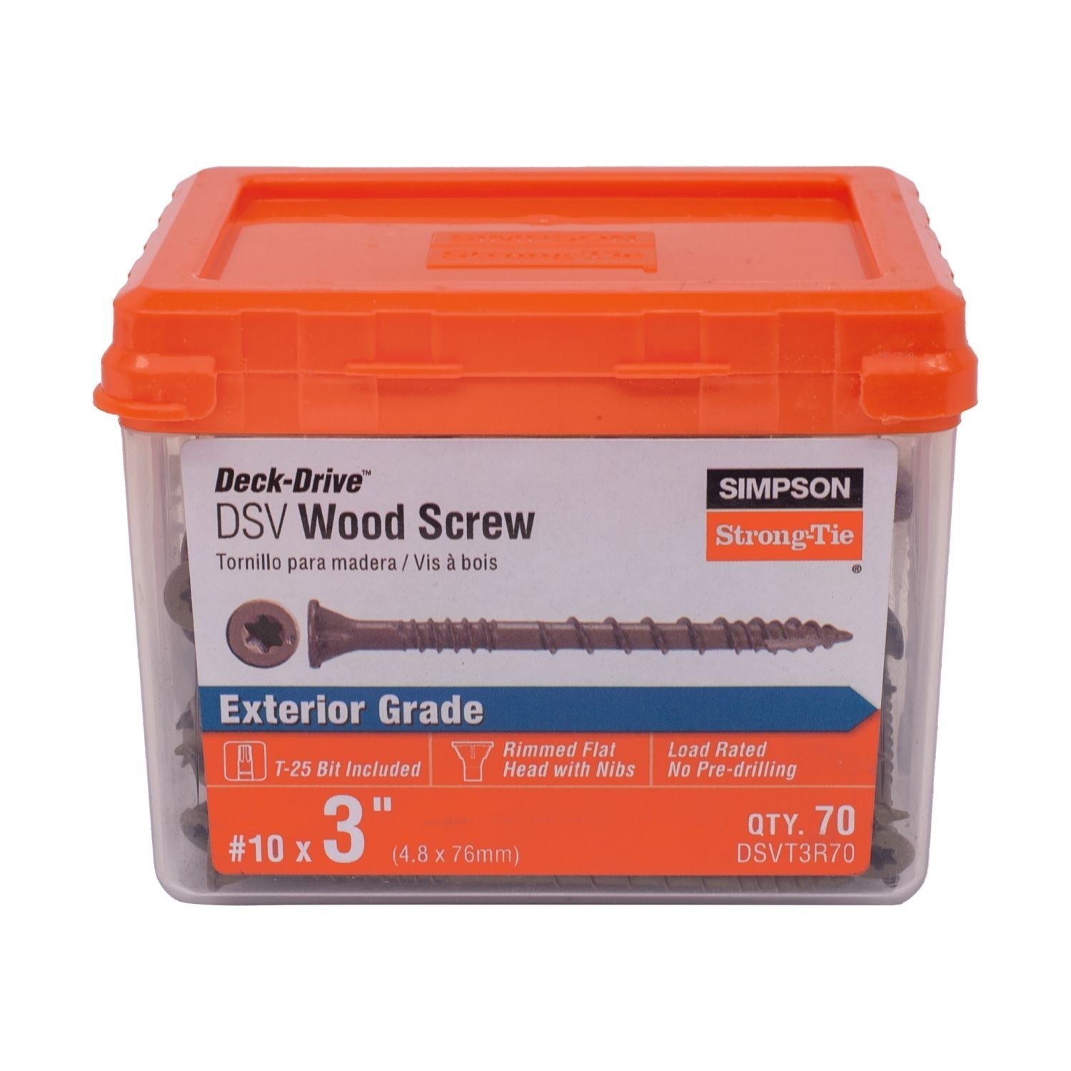 Simpson Strong-Tie DSVT3R70 Deck-Drive DSV WOOD Screw, #10 x 3-in. T25, Flat Head, Quik Guard, Tan, 70-Pack