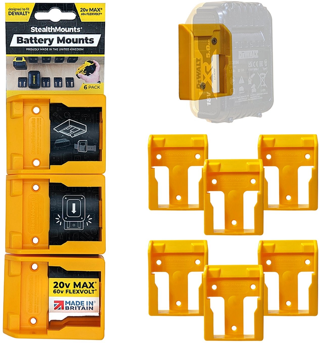StealthMounts Battery Mounts for DeWALT 20V and Flexvolt, 6-Pack