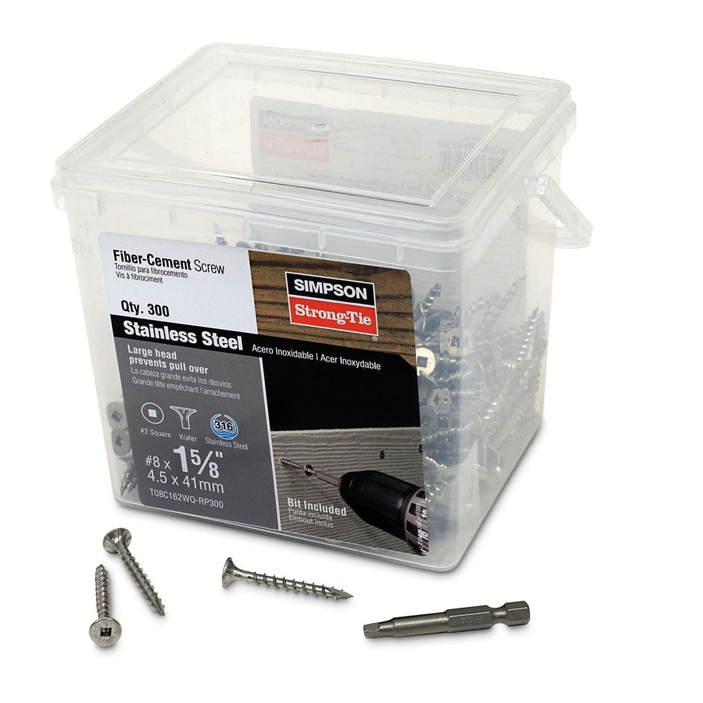 Simpson Strong-Tie T08C162WQ-RP300 Fiber-Cement Screw, #8 x 1-5/8-in. #2 Square Wafer-Head, Type 316, 300-Pack