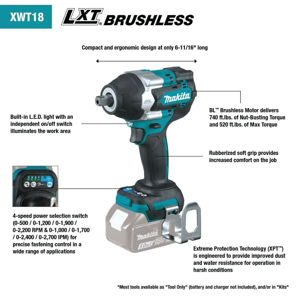 Makita XWT18XVZ 18V LXT Lithium-Ion Brushless Cordless 4-Speed Mid-Torque 1/2" Sq. Drive Utility Impact Wrench w/ Detent Anvil, Tool Only