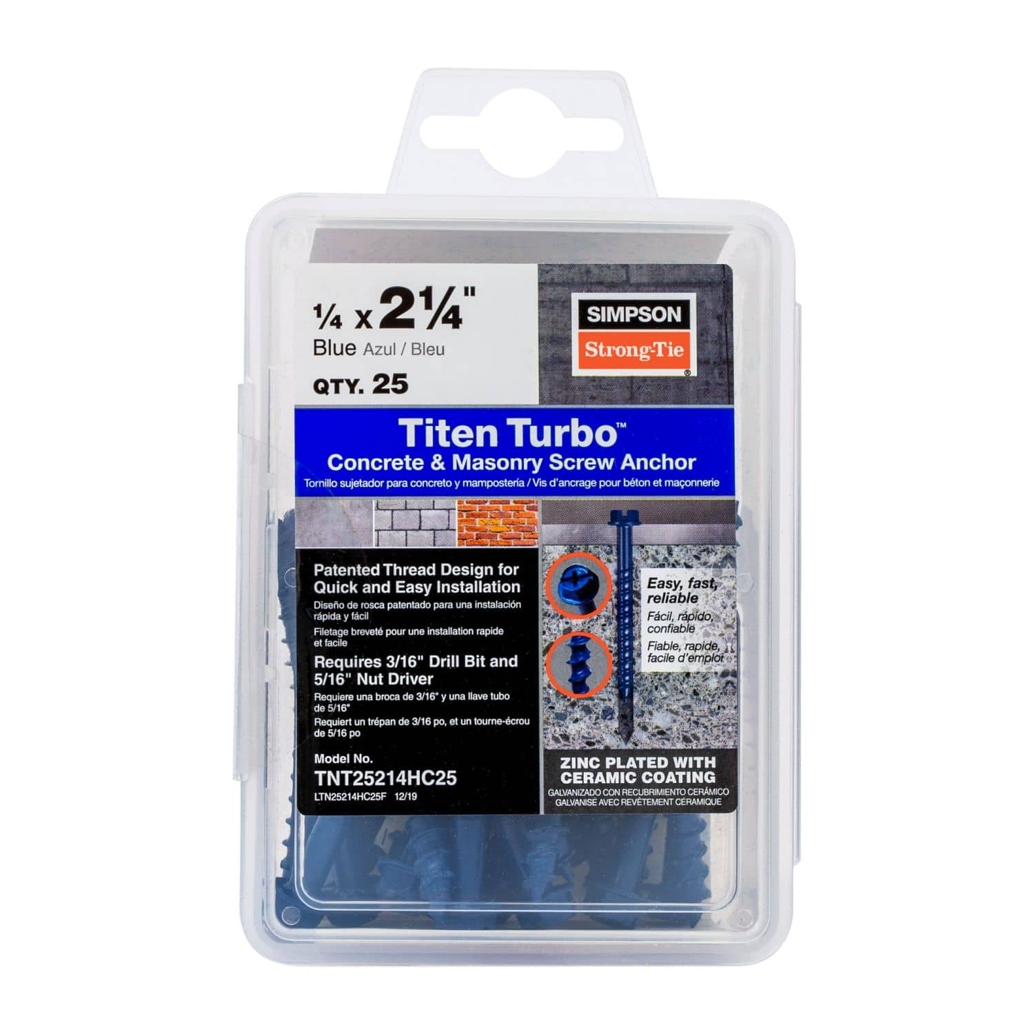 Simpson Strong-Tie TNT25214H Titen Turbo, 1/4-in. x 2-1/4-in. Hex-Head Concrete and Masonry Screw, Blue, 100-Pack