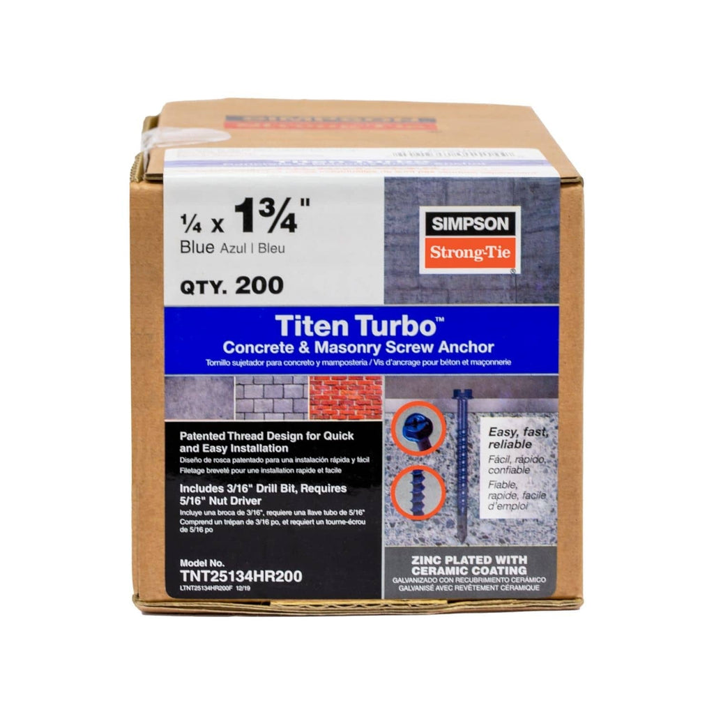 Simpson Strong-Tie TNT25134HR200 Titen Turbo, 1/4-in. x 1-3/4-in. Hex-Head Concrete and Masonry Screw, Blue, 200-Pack