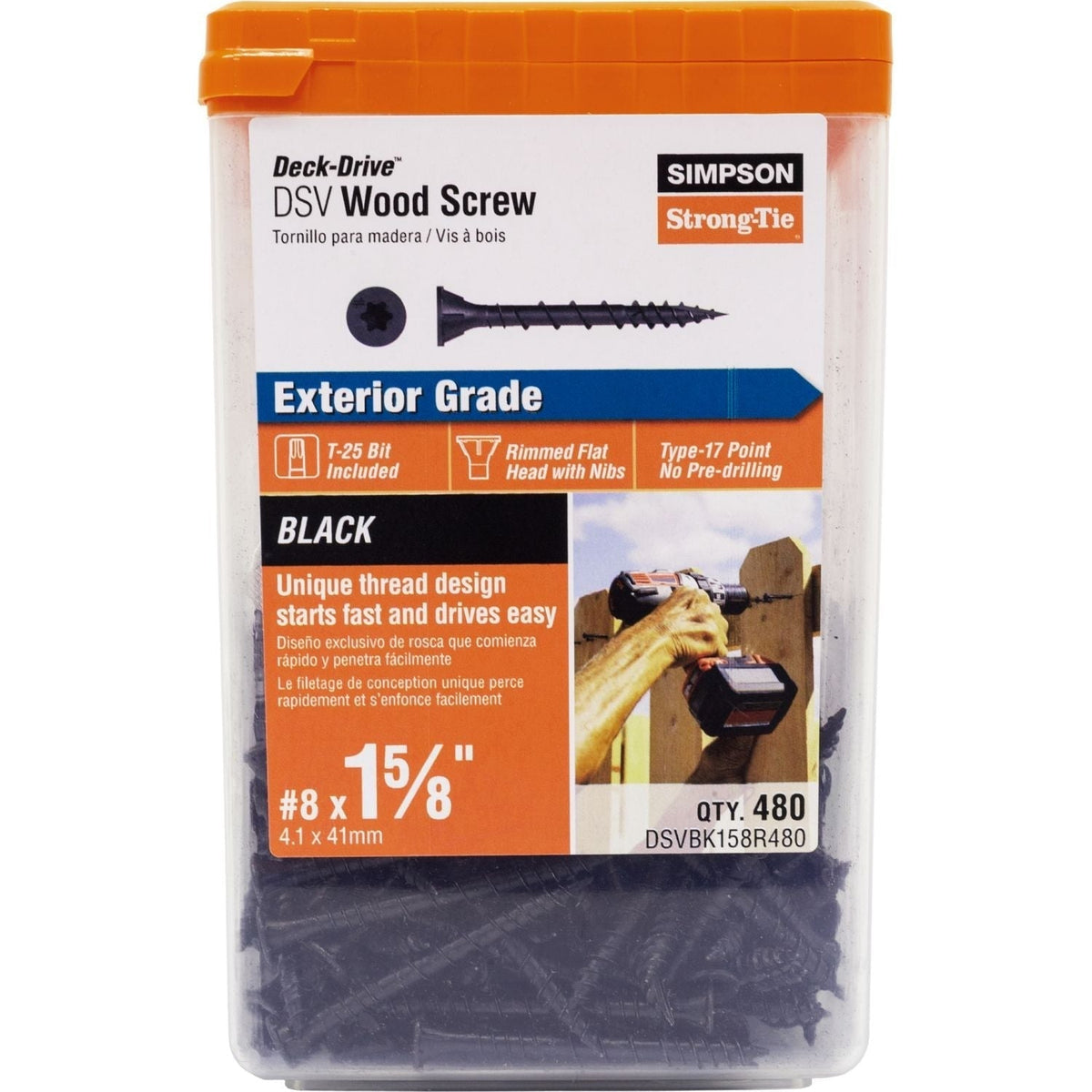 Simpson Strong-Tie DSVBK158R480 Deck-Drive DSV WOOD Screw, #8 x 1-5/8-in. T25, Flat Head, Quik Guard, Black, 480-Pack