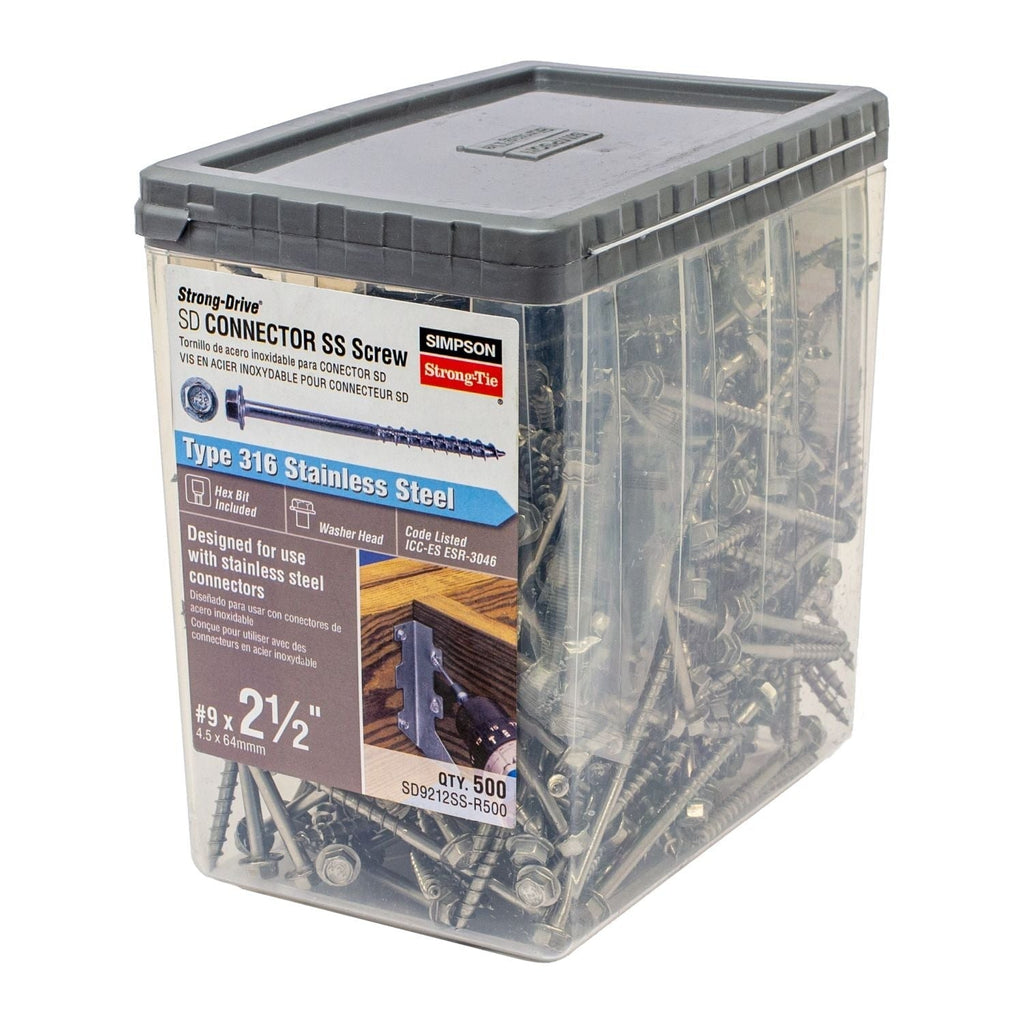 Simpson Strong-Tie SD9212SS-R500 Strong-Drive SD CONNECTOR SS Screw, #9 x 2-1/2-in. 1/4-Hex Drive, Type 316, 500-Pack