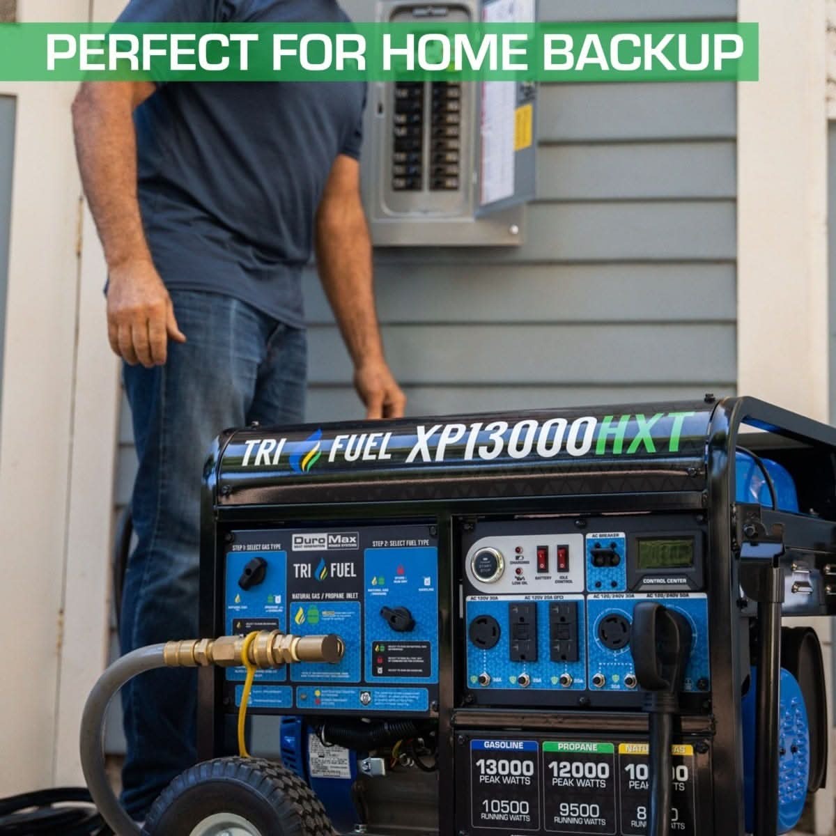 DuroMax XP13000HXT 13000-Watt 500cc Tri Fuel Gas Propane Natural Gas Portable Generator with CO Alert