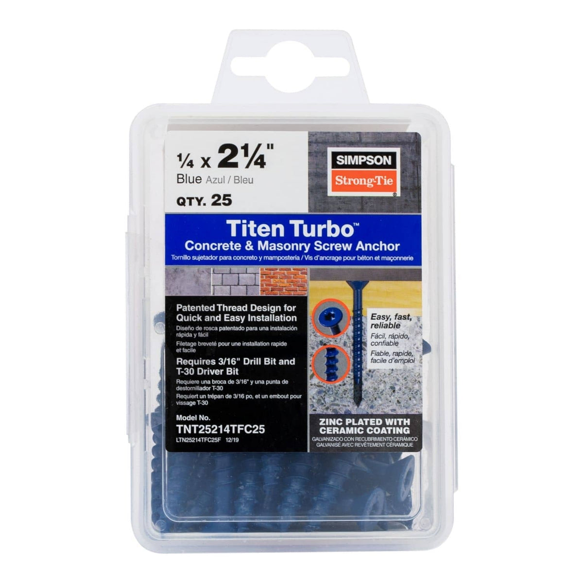 Simpson Strong-Tie TNT25214TF Titen Turbo, 1/4-in. x 2-1/4-in. 6-Lobe Flat-Head Concrete and Masonry Screw, Blue, 100-Pack