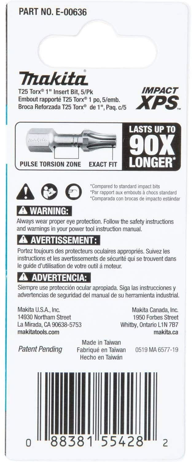 Makita E-00636 Impact XPS T25 Torx 1" Insert Bit, 5/pk