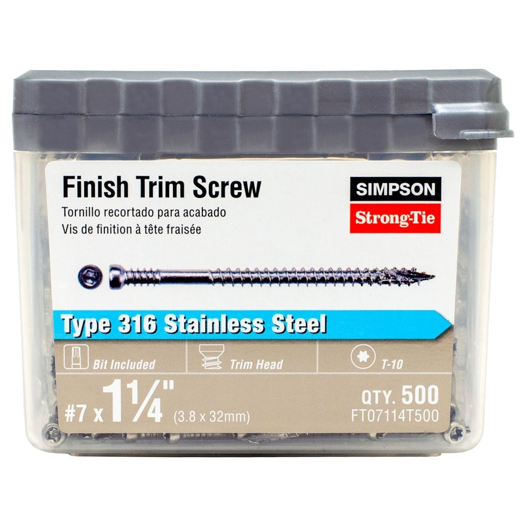 Simpson Strong-Tie FT07114T500 Finish Trim Screw, #7 x 1-1/4-in. T10, Trim-Head, Type 316, 500-Pack