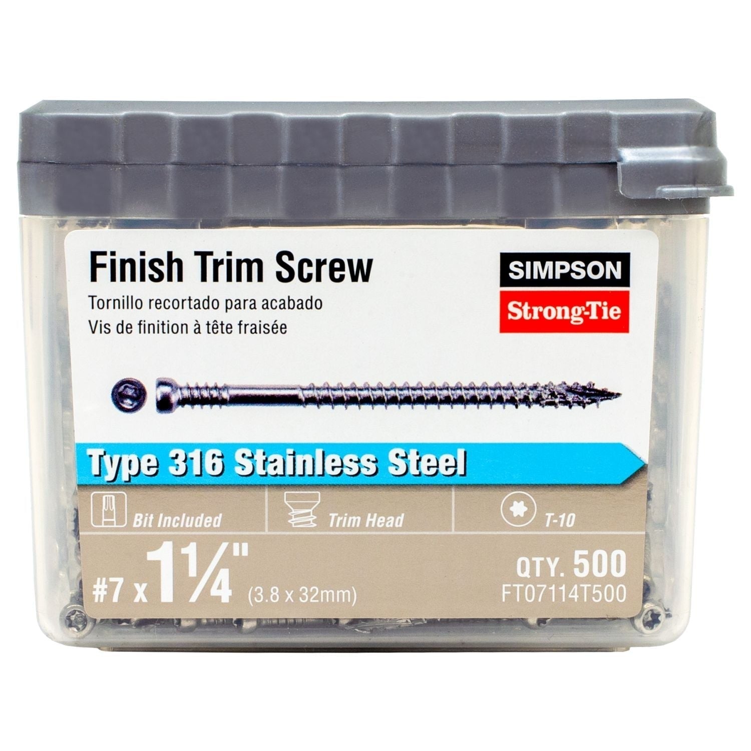Simpson Strong-Tie FT07114T500 Finish Trim Screw, #7 x 1-1/4-in. T10, Trim-Head, Type 316, 500-Pack