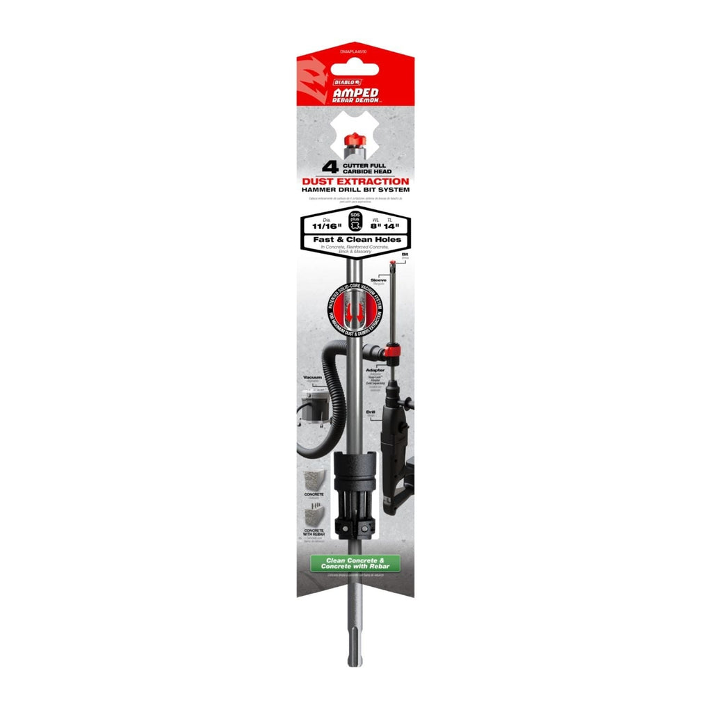 Diablo DMAPLA4550 11/16-in. x 8-in. x 14-in. AMPED Rebar Demon SDS-Plus 4-Cutter Full Carbide Head Dust Extraction Hammer Drill Bit
