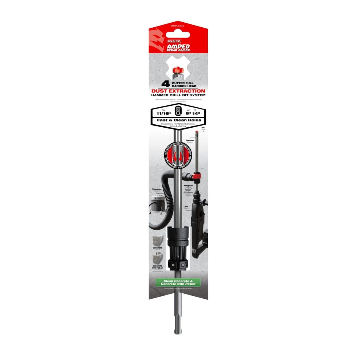 Diablo DMAPLA4550 11/16-in. x 8-in. x 14-in. AMPED Rebar Demon SDS-Plus 4-Cutter Full Carbide Head Dust Extraction Hammer Drill Bit