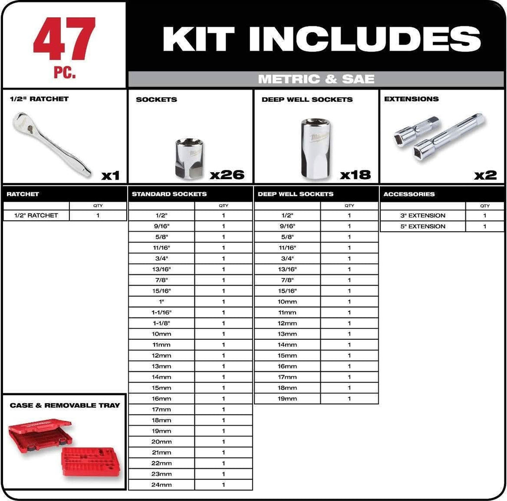 Milwaukee 48-22-9010 1/2" Drive 47-Piece SAE/Metric Ratchet And Socket Set and 3/8" Drive 56-Piece Ratchet & Socket Set
