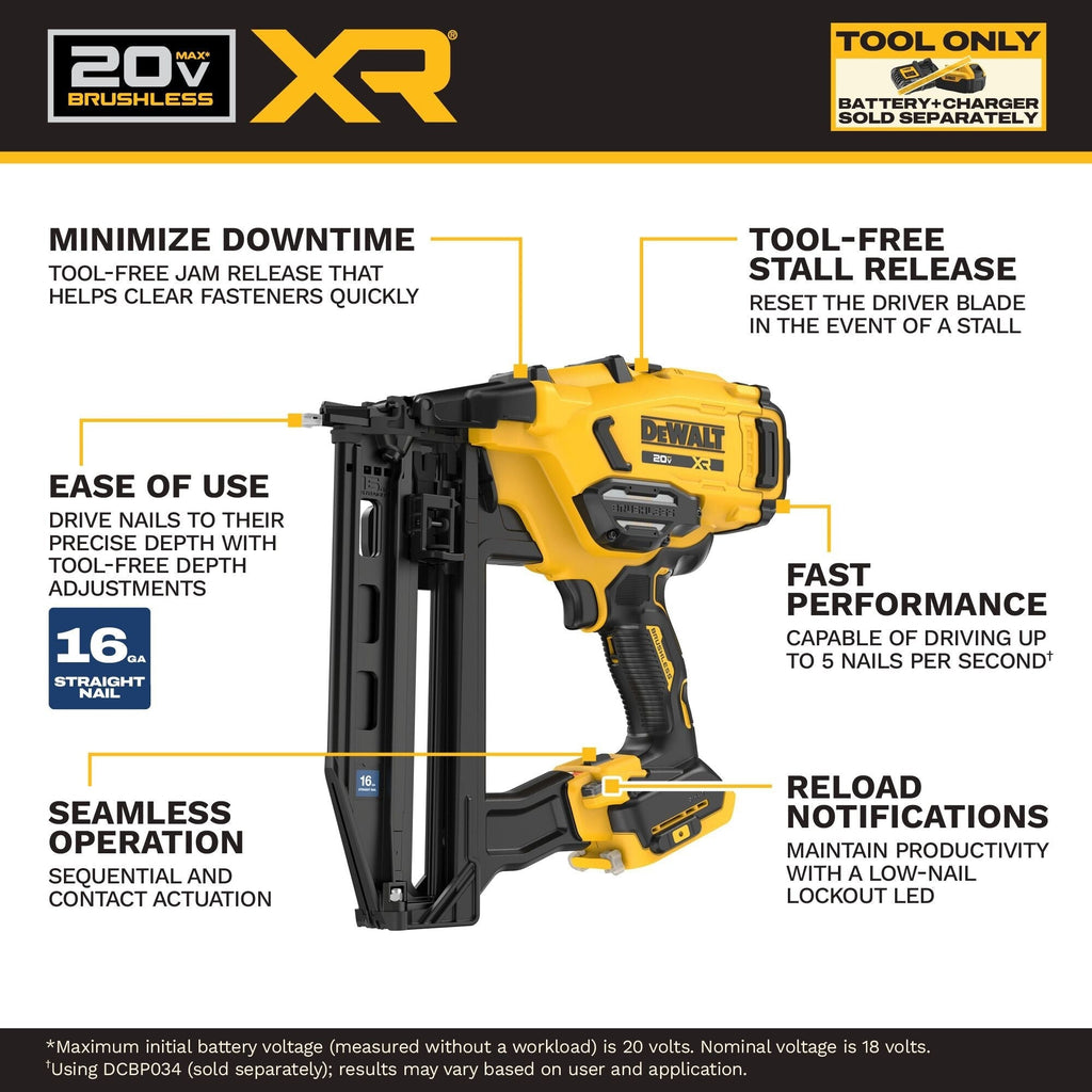 DEWALT 20V MAX* XR Cordless 16GA Straight Finish Nailer, Tool Only (DCN220B)