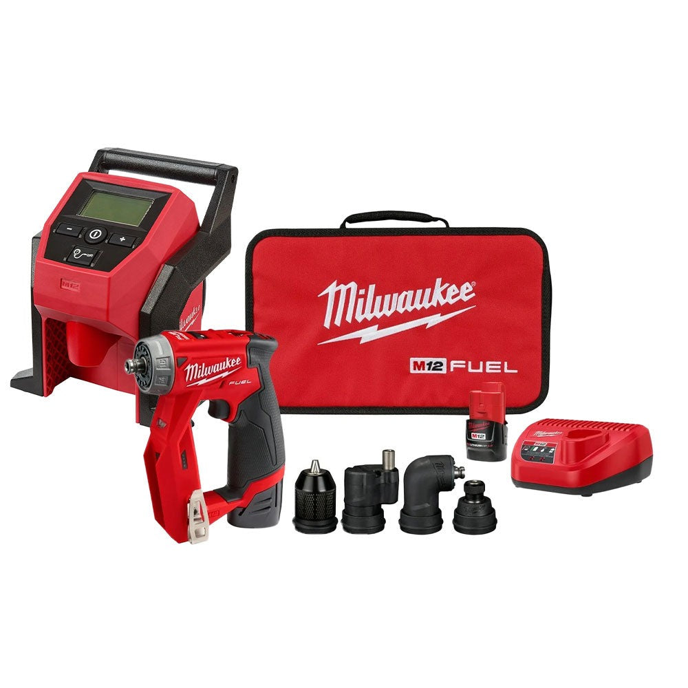 Milwaukee 2505-22 M12 FUEL Brushless Installation 5-in-1 Drill / Driver with Compact Tire Inflator 2.0Ah Combo Kit