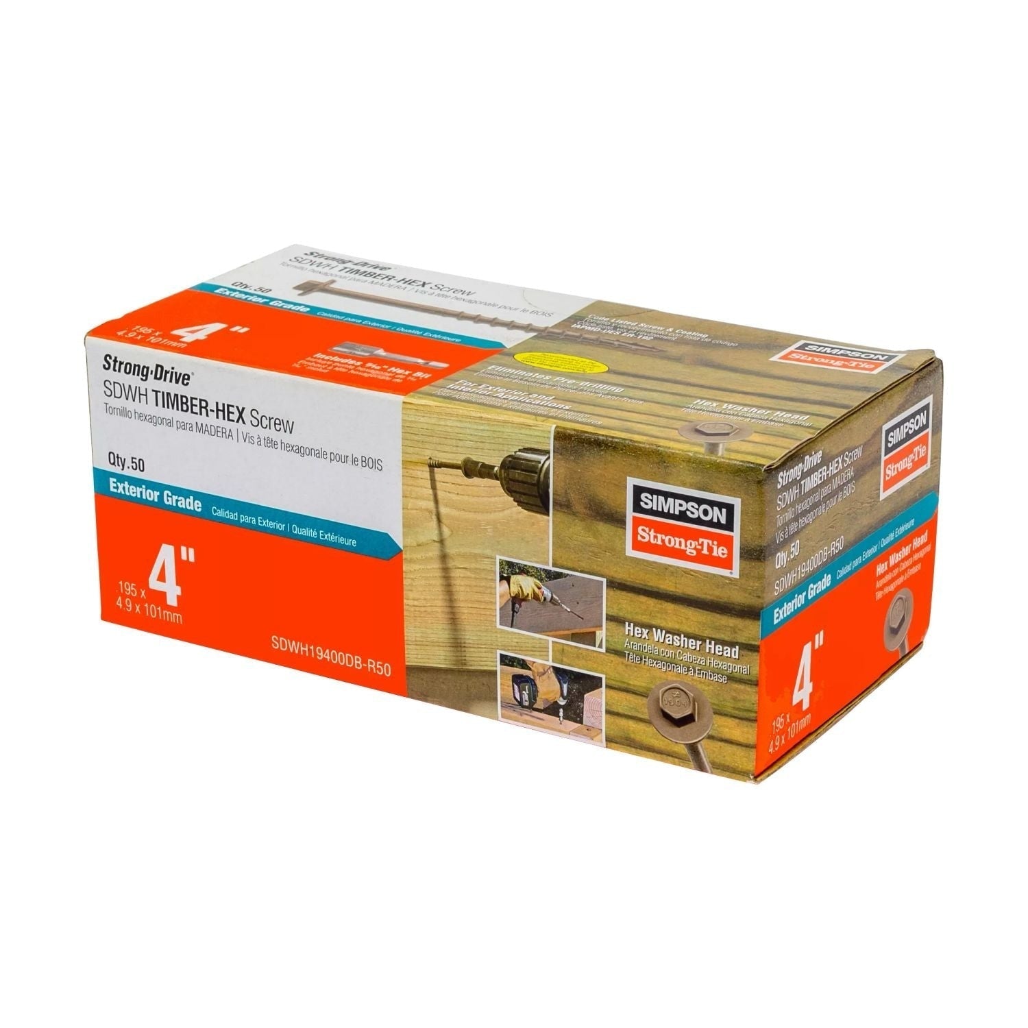 Simpson Strong-Tie SDWH19400DB-R50 Strong-Drive SDWH TIMBER-HEX Screw, 0.195-in. x 4-in. 5/16 Hex, DB Coating, 50-Pack