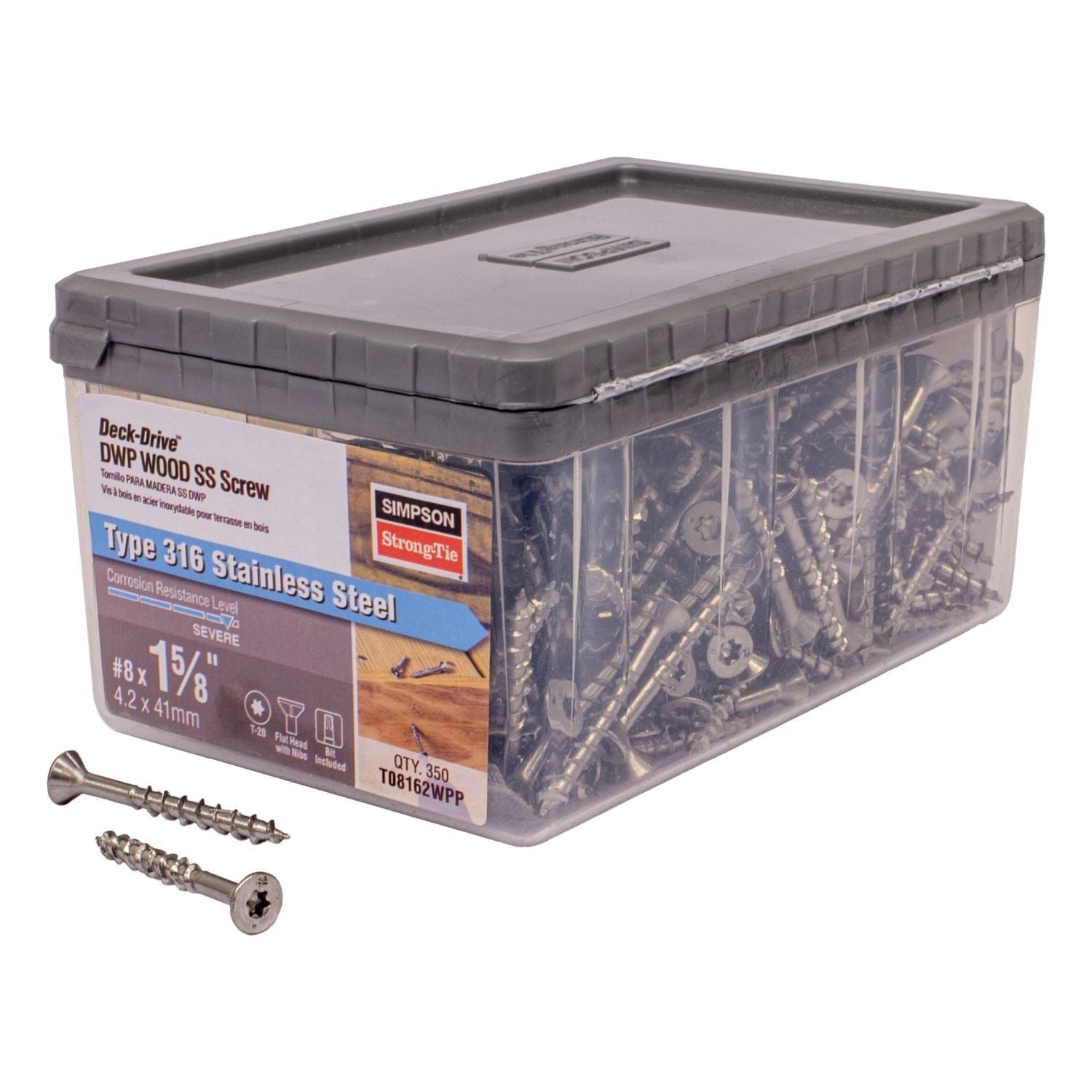 Simpson Strong-Tie T08162WPP Deck-Drive DWP WOOD SS Screw, #8 x 1-5/8-in. T20, Flat Head, Type 316, 350-Pack