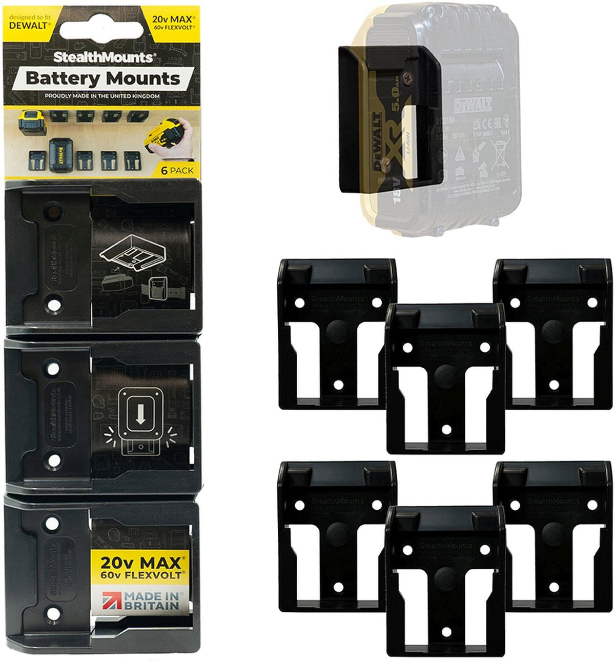 StealthMounts Battery Mounts for DeWALT 20V and Flexvolt, 6-Pack