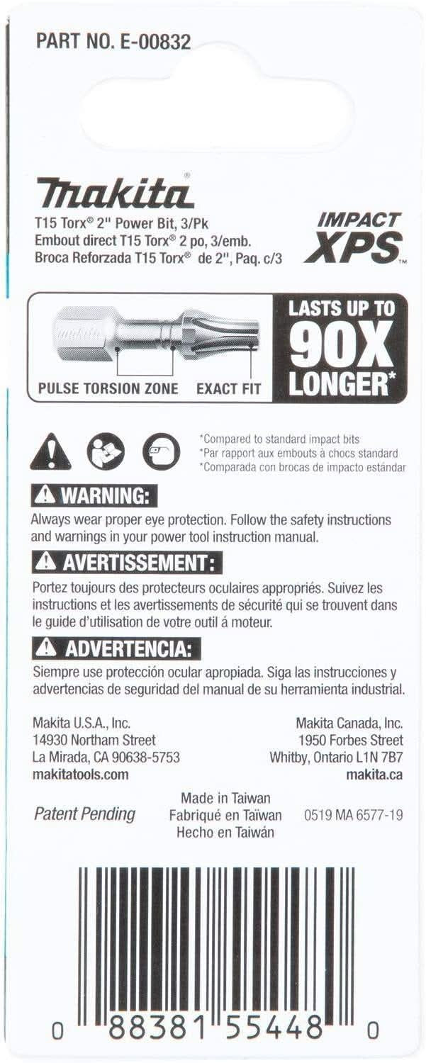 Makita E-00832 Impact XPS T15 Torx 2" Power Bit, 3/pk