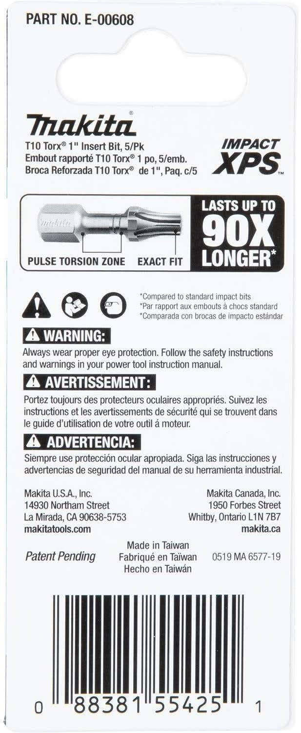 Makita E-00608 Impact XPS T10 Torx 1" Insert Bit, 5/pk