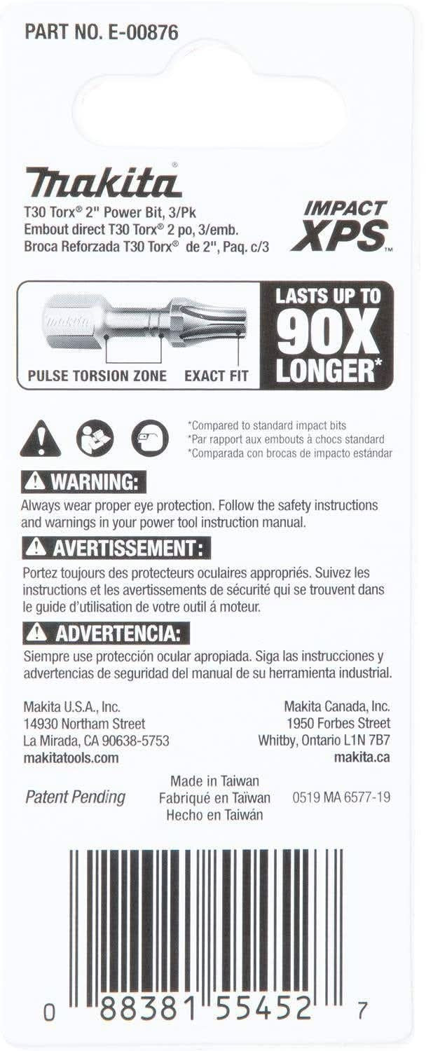 Makita E-00876 Impact XPS T30 Torx 2" Power Bit, 3/pk