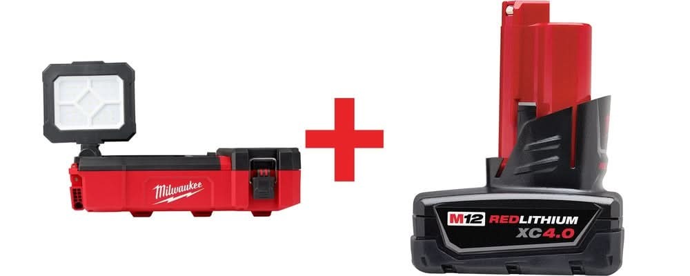 Milwaukee M12 PACKOUT 1,400-Lumen Flood Light w/ USB Charging with M12 XC 4.0Ah Battery Pack