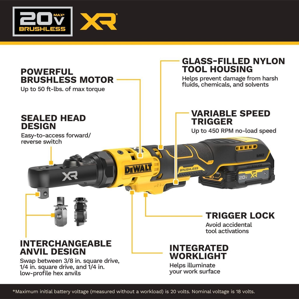 DeWALT DCF520GE1 20V MAX XR Brushless 1/4-in. & 3/8-in. Sealed Head Ratchet 1.7Ah Kit
