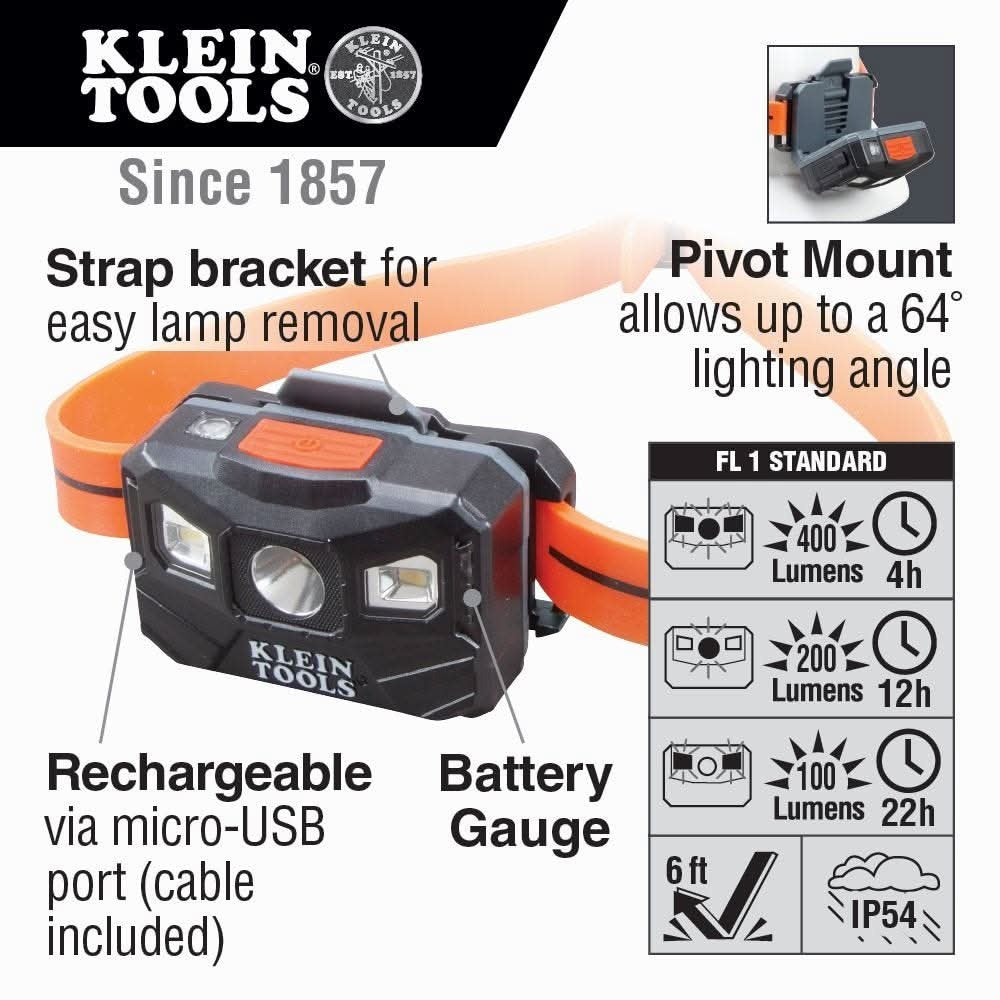 Klein Tools 56064 Rechargeable Headlamp with Silicone Strap