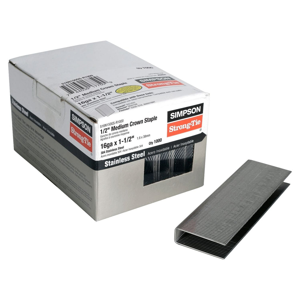 Simpson Strong-Tie S16N150GS-R1000 1/2-in. Crown, 16-Gauge Staples, 1-1/2-in. Type 304 Stainless Steel, 1000-Pack