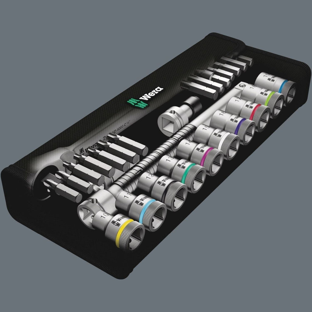 Wera 8100 Sc 7 Zyklop Metal Ratchet Set With Push-Through Square, 1/2-in. Drive, Metric, 28-Pieces