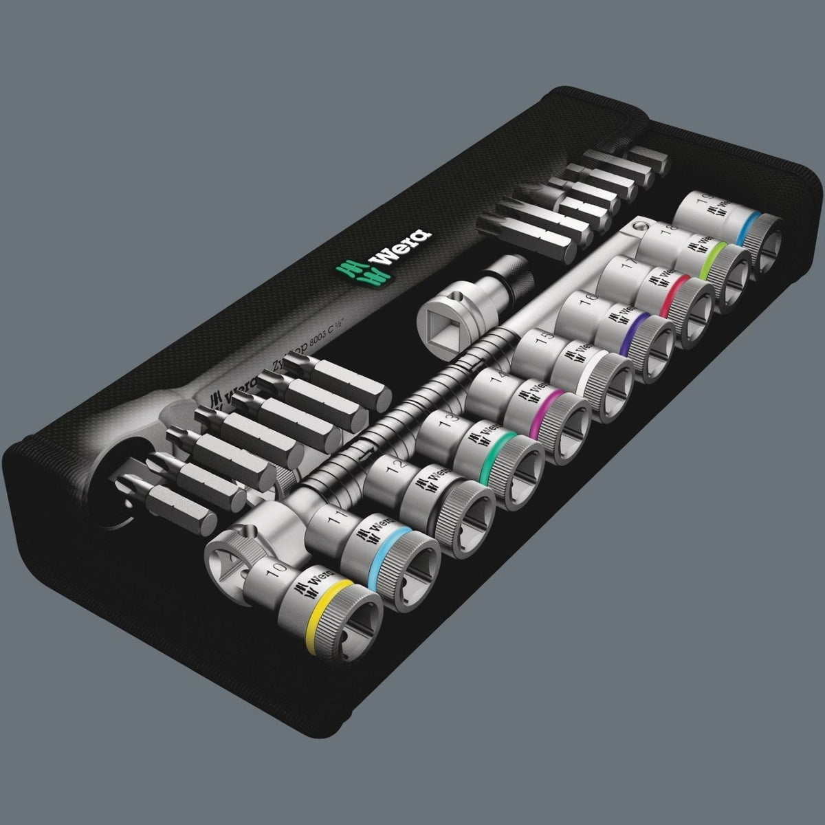 Wera 8100 Sc 7 Zyklop Metal Ratchet Set With Push-Through Square, 1/2-in. Drive, Metric, 28-Pieces