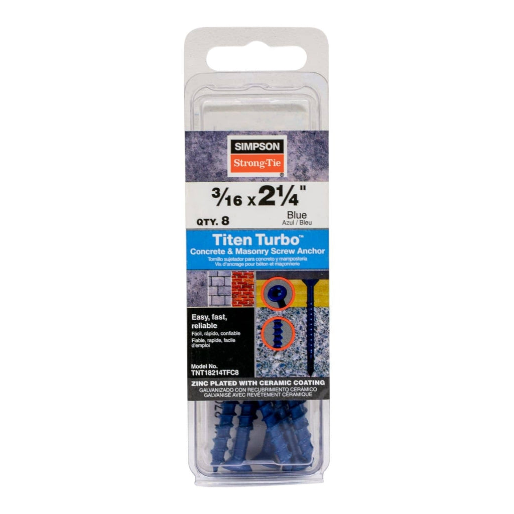 Simpson Strong-Tie TNT18214TFC8 Titen Turbo, 3/16-in. x 2-1/4-in. 6-Lobe Flat-Head Concrete and Masonry Screw, Blue, 8-Pack