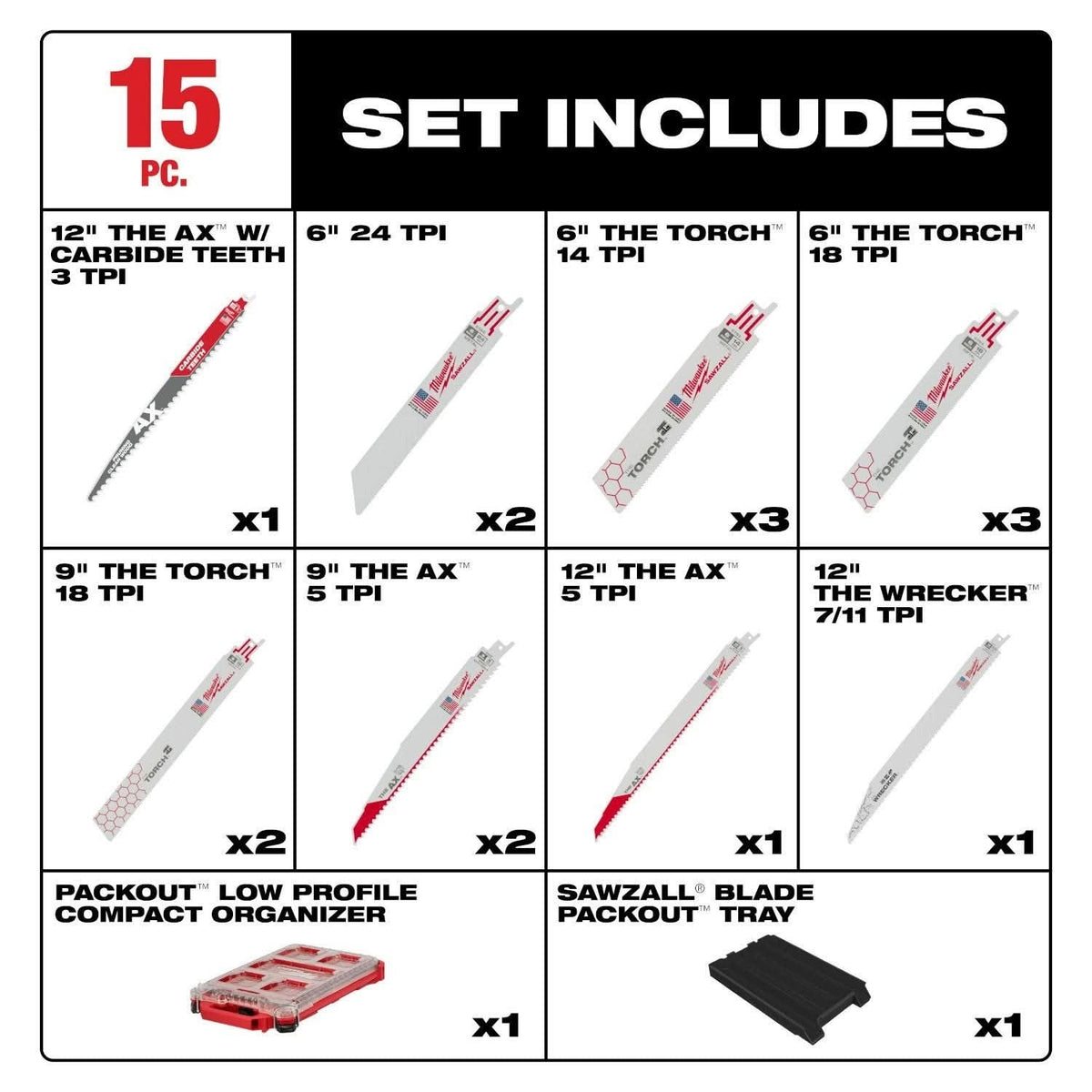 Milwaukee 2722-20 M18 Fuel Super Sawzall Reciprocating Saw 5.0Ah Kit w/ 15-Pc SAWZALL Blade PACKOUT Kit