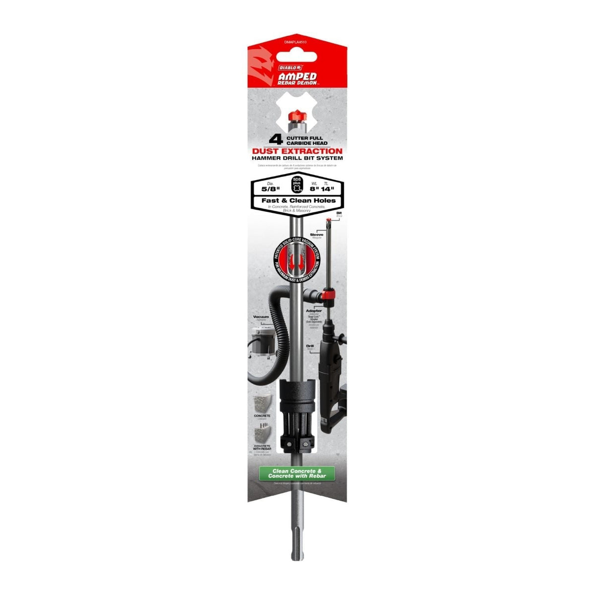 Diablo DMAPLA4510 5/8-in. x 8-in. x 14-in. AMPED Rebar Demon SDS-Plus 4-Cutter Full Carbide Head Dust Extraction Hammer Drill Bit