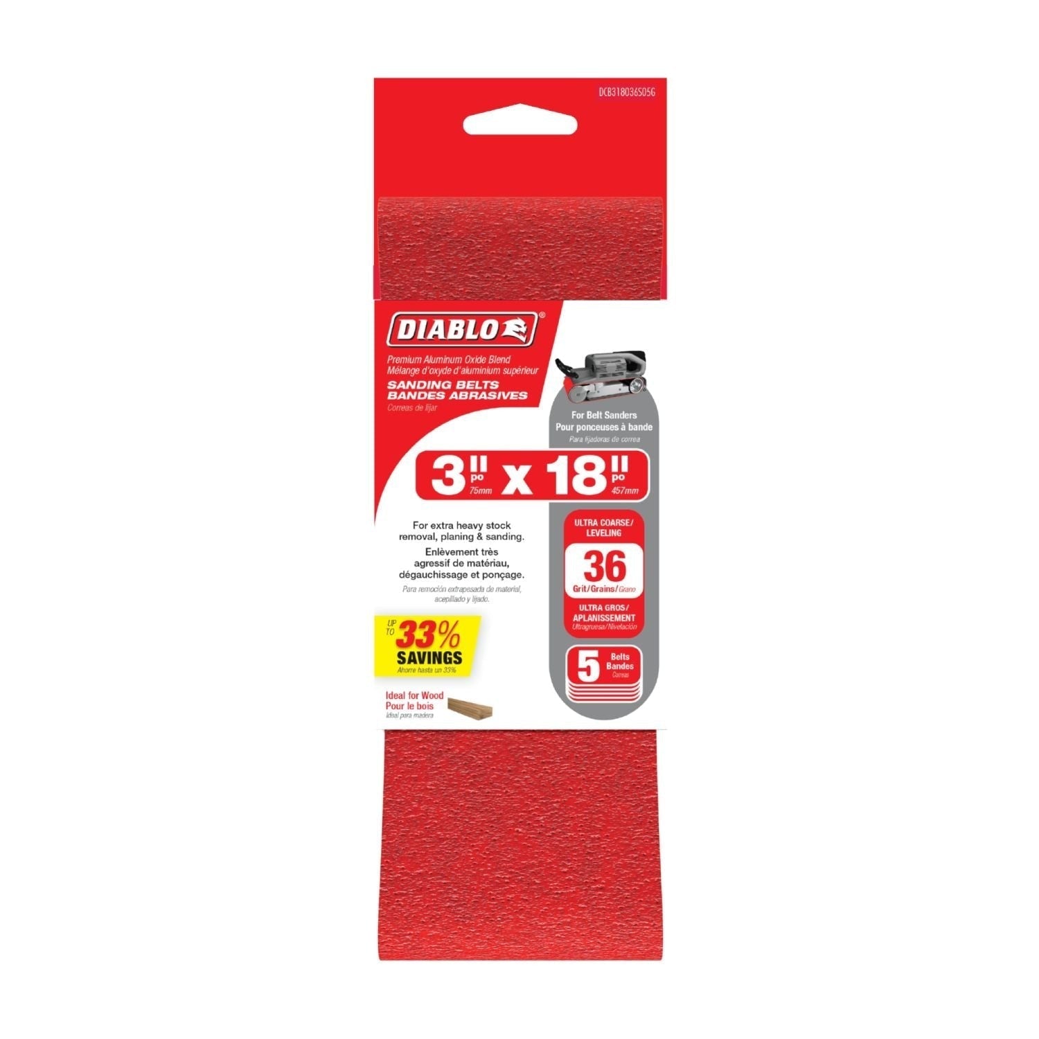 Diablo DCB318036S05G 3"x18" Sanding Belt, 36 Grit, 5-Pack