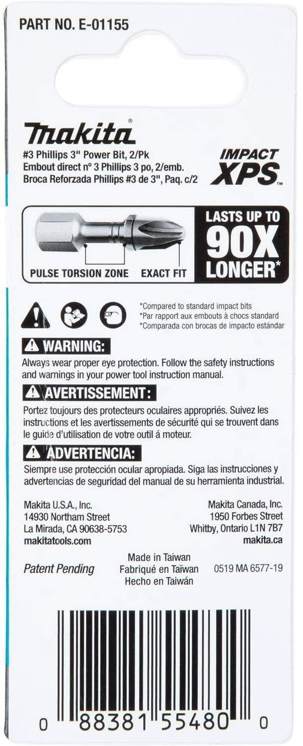 Makita E-01155 Impact XPS #3 Phillips 3" Power Bit, 2/pk
