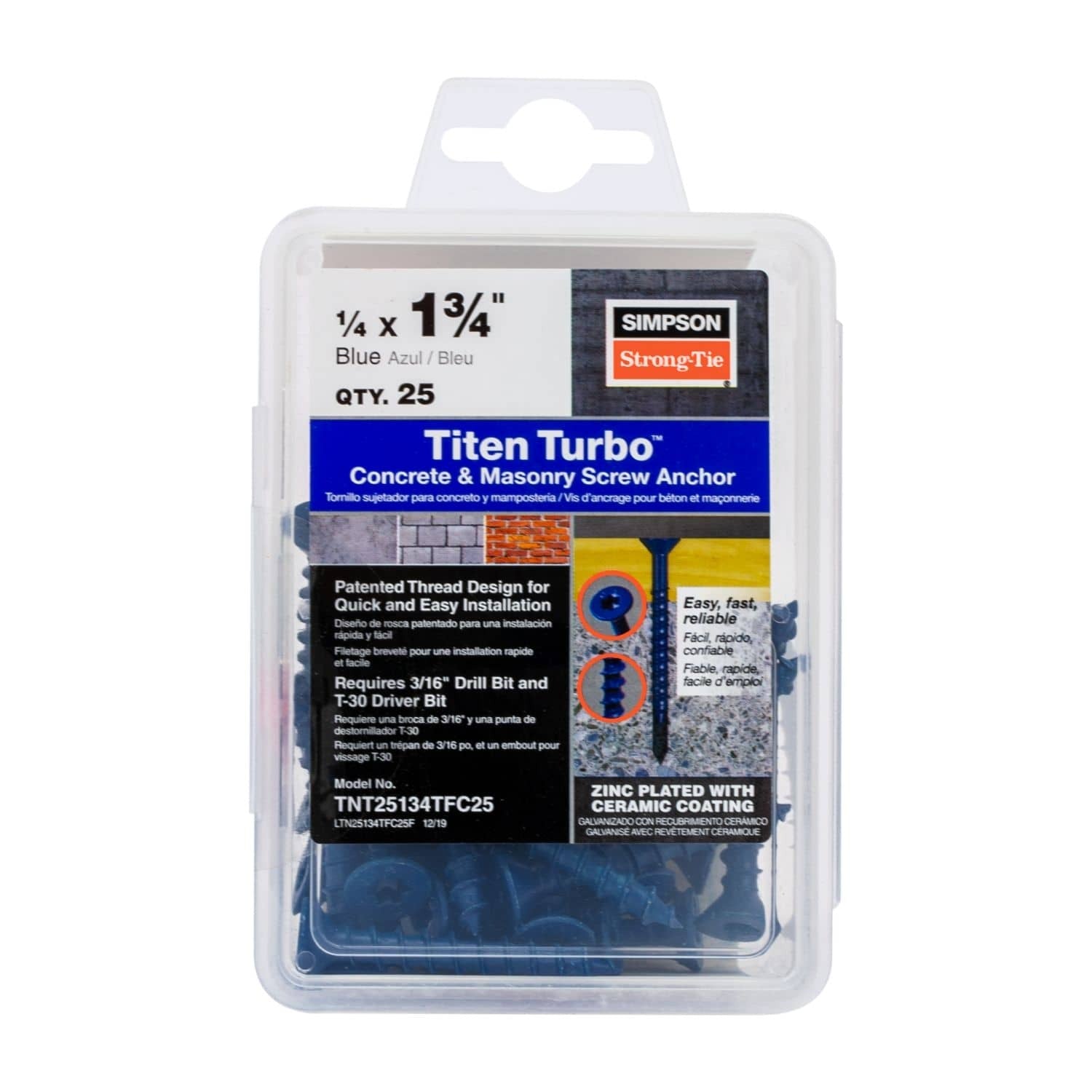 Simpson Strong-Tie TNT25134TFC25 Titen Turbo, 1/4-in. x 1-3/4-in. 6-Lobe Flat-Head Concrete and Masonry Screw, Blue, 25-Pack