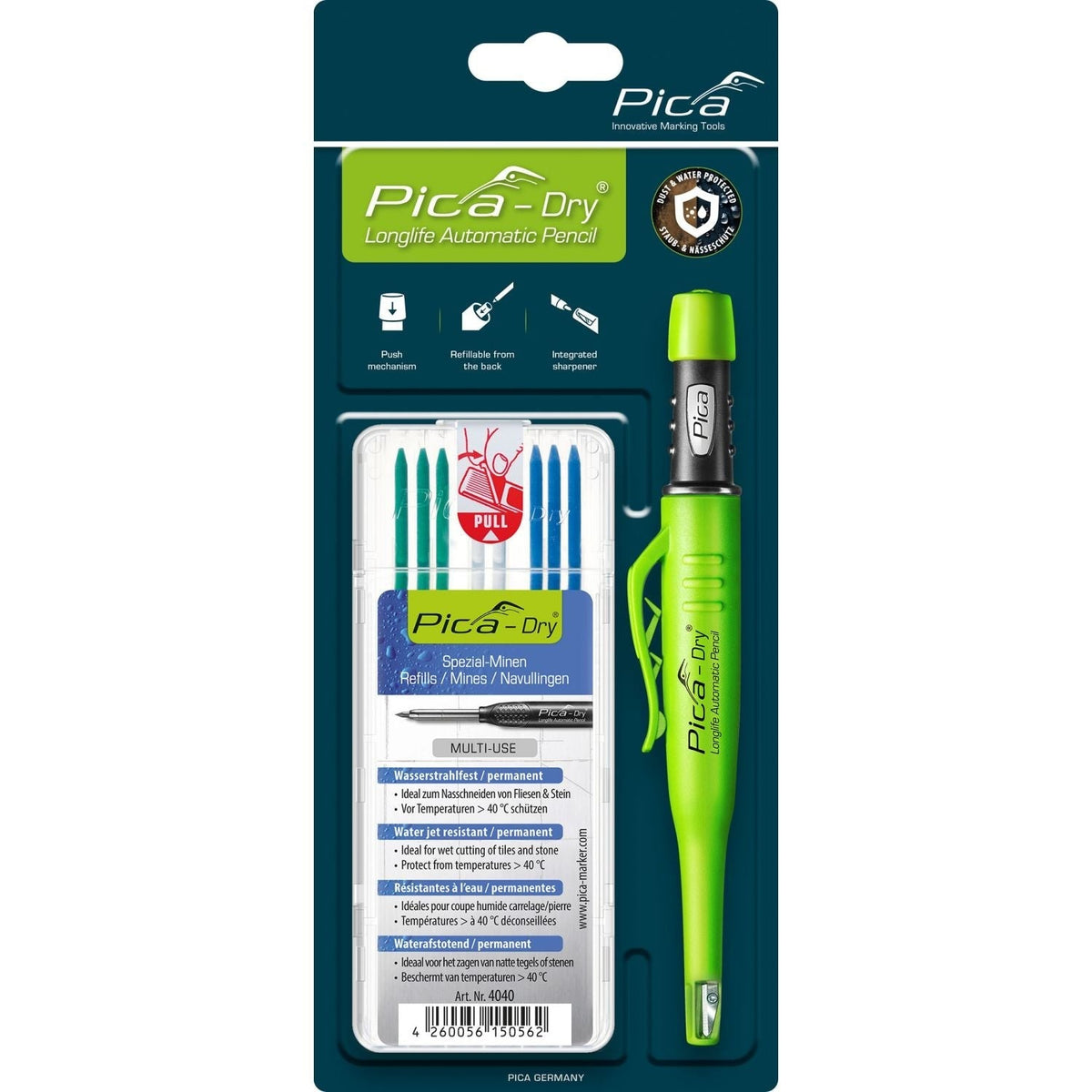 Pica 30404 Dry Bundle w/ Pencil + 8-Pack of Refill Lead