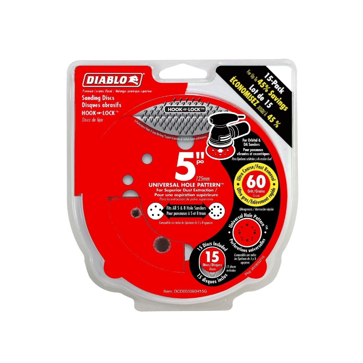 Diablo DCD050060H15G 5" Sandpaper Hook & Loop, 60 Grit, 15-Pack