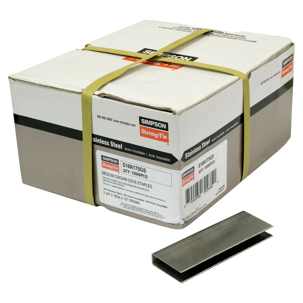 Simpson Strong-Tie S16N175GS 1/2-in. Crown, 16-Gauge Staples, 1-3/4-in. Type 304 Stainless Steel, 10000-Pack
