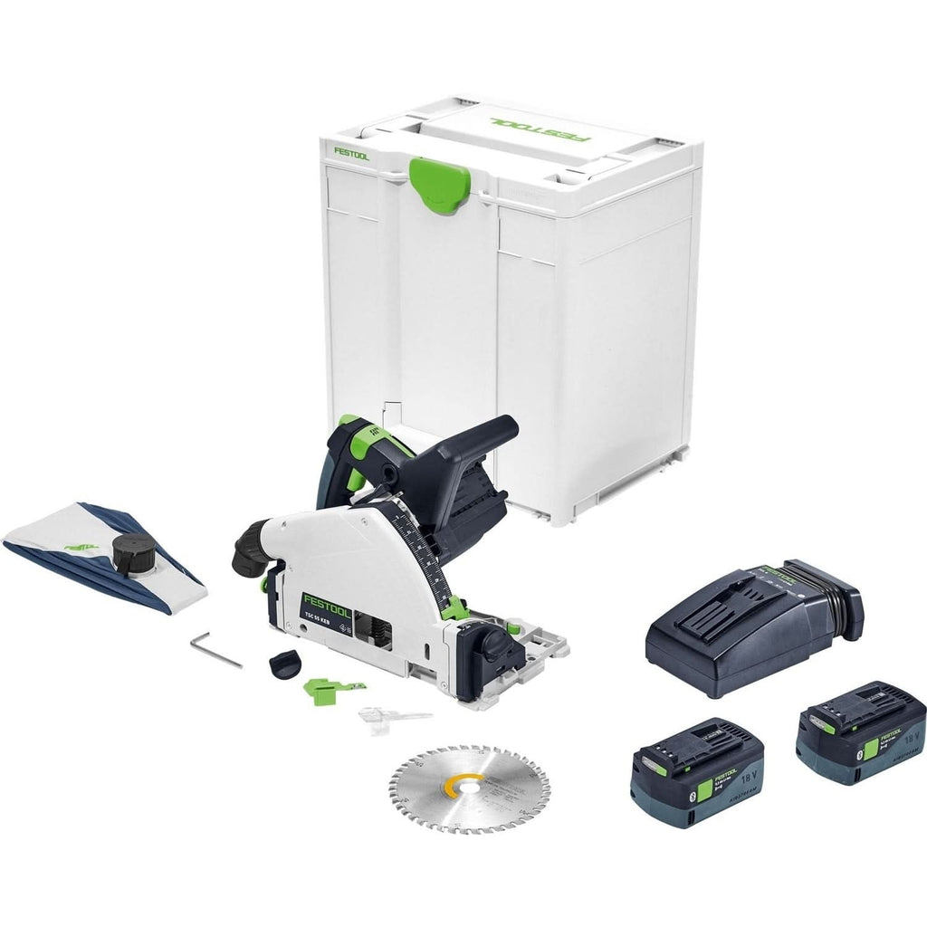 Festool TSC 55 K Cordless Track Saw 5.0Ah Kit with Kickback Stop, a FS 1400 55" Guide Rail, and Quick Ratcheting Clamp, 6-5/8"