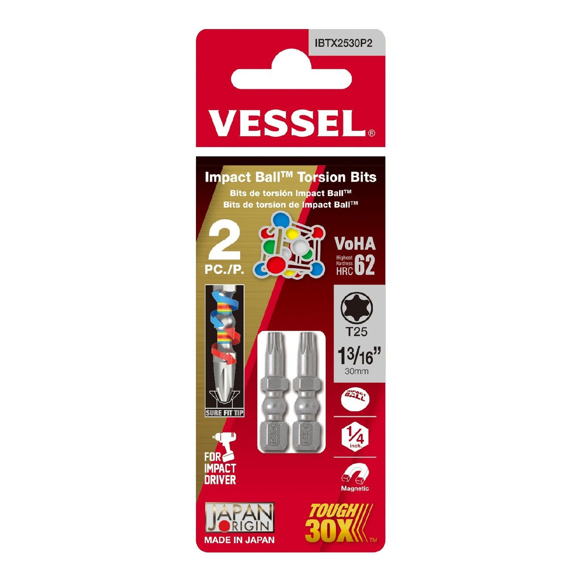 Vessel IBTX2530P2 Impact Ball Torsion Torx T25 Bit, 2-Pack