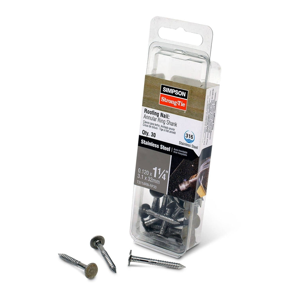 Simpson Strong-Tie T311ARN-RP30 Roofing Nail, Annular Ring Shank, 1-1/4-in. x .120-in. Type 316 Stainless Steel, 30-Pack