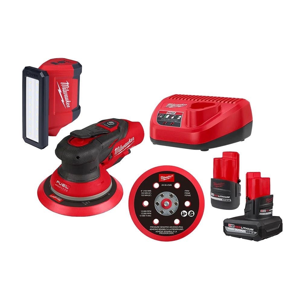 Milwaukee 2585-22CX M12 FUEL 6" Random Orbital Sander (3/16") with ROVER 700-Lumen Flood Light 2.5Ah / 5.0Ah Combo Kit