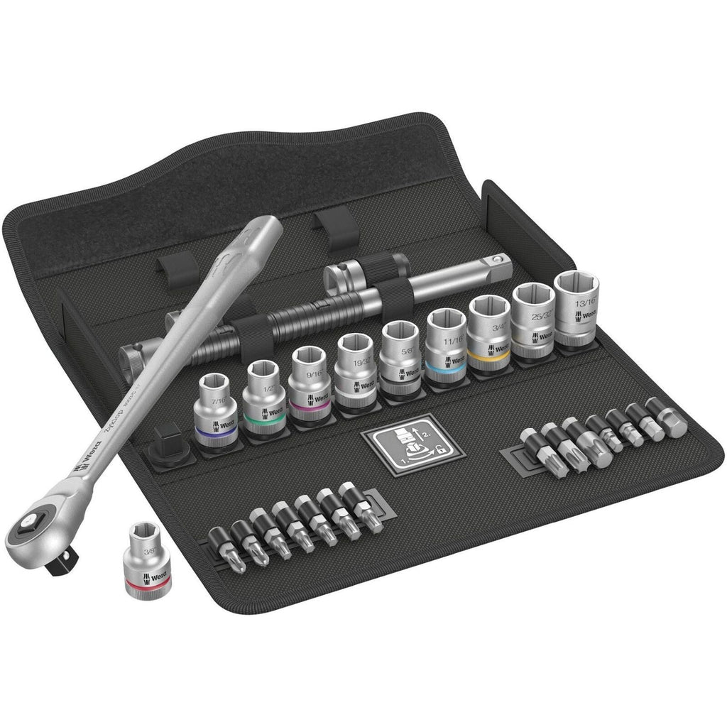 Wera 8100 Sc 10 Zyklop Metal Ratchet Set With Push-Through Square, 1/2-in. Drive, Imperial, 28-Pieces