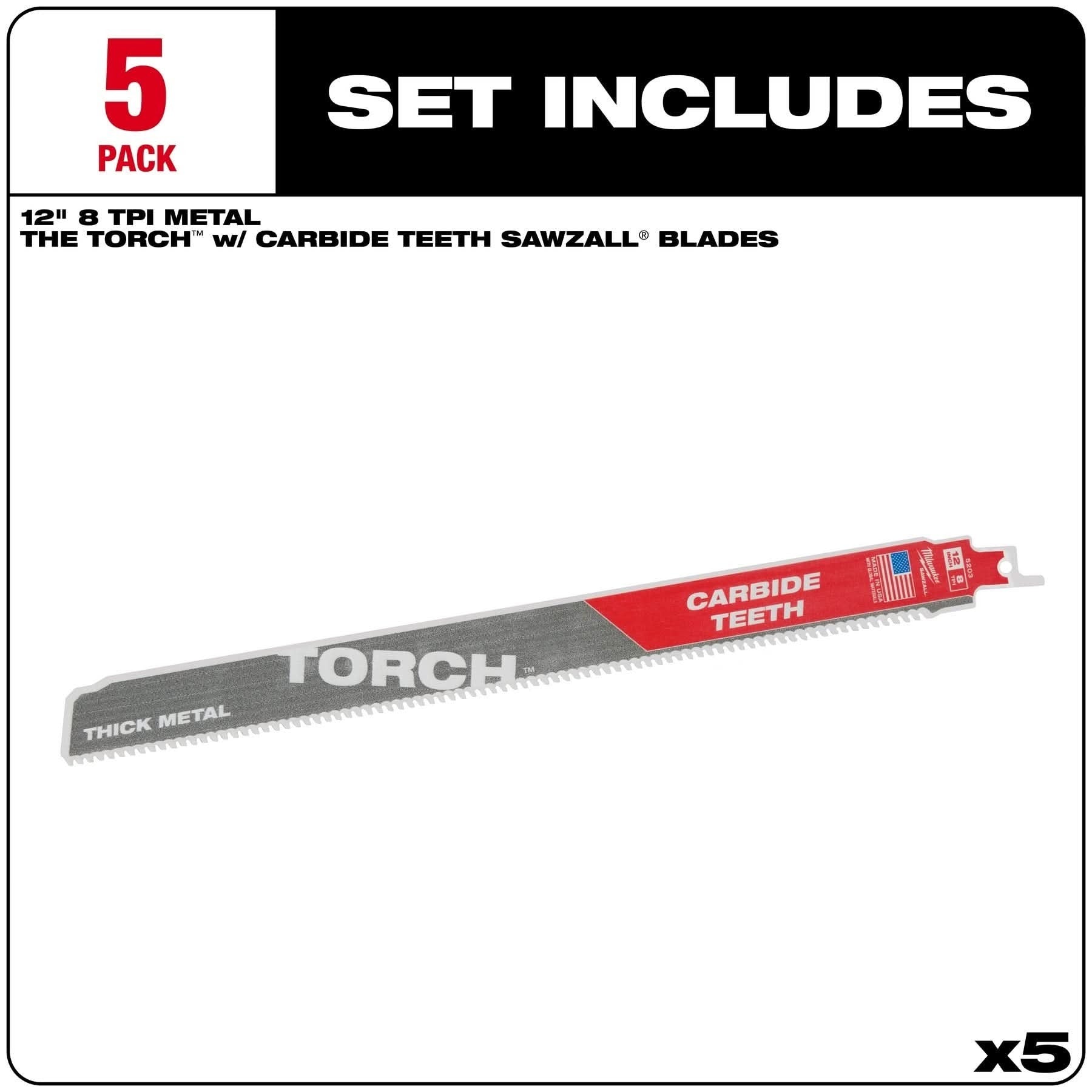 Milwaukee 48-00-5503 12-Inch 7-TPI The TORCH with Carbide Teeth SAWZALL Reciprocating Saw Blade, 5-Pack