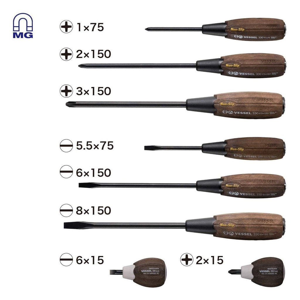 Vessel 3308EVA WOOD-COMPO Non-Slip Tang-Thru Screwdriver 8-Piece Set (3308EVA)