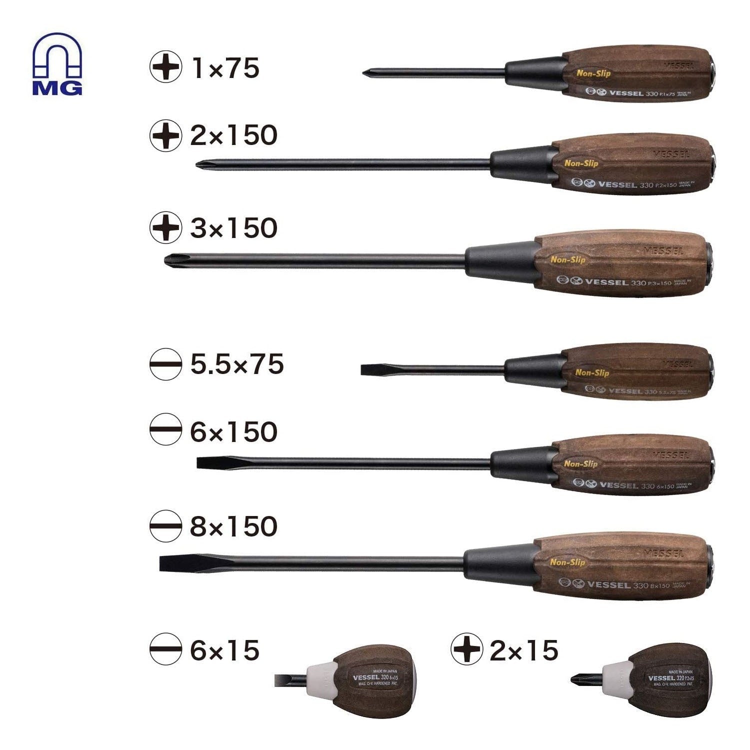 Vessel 3308EVA WOOD-COMPO Non-Slip Tang-Thru Screwdriver 8-Piece Set (3308EVA)