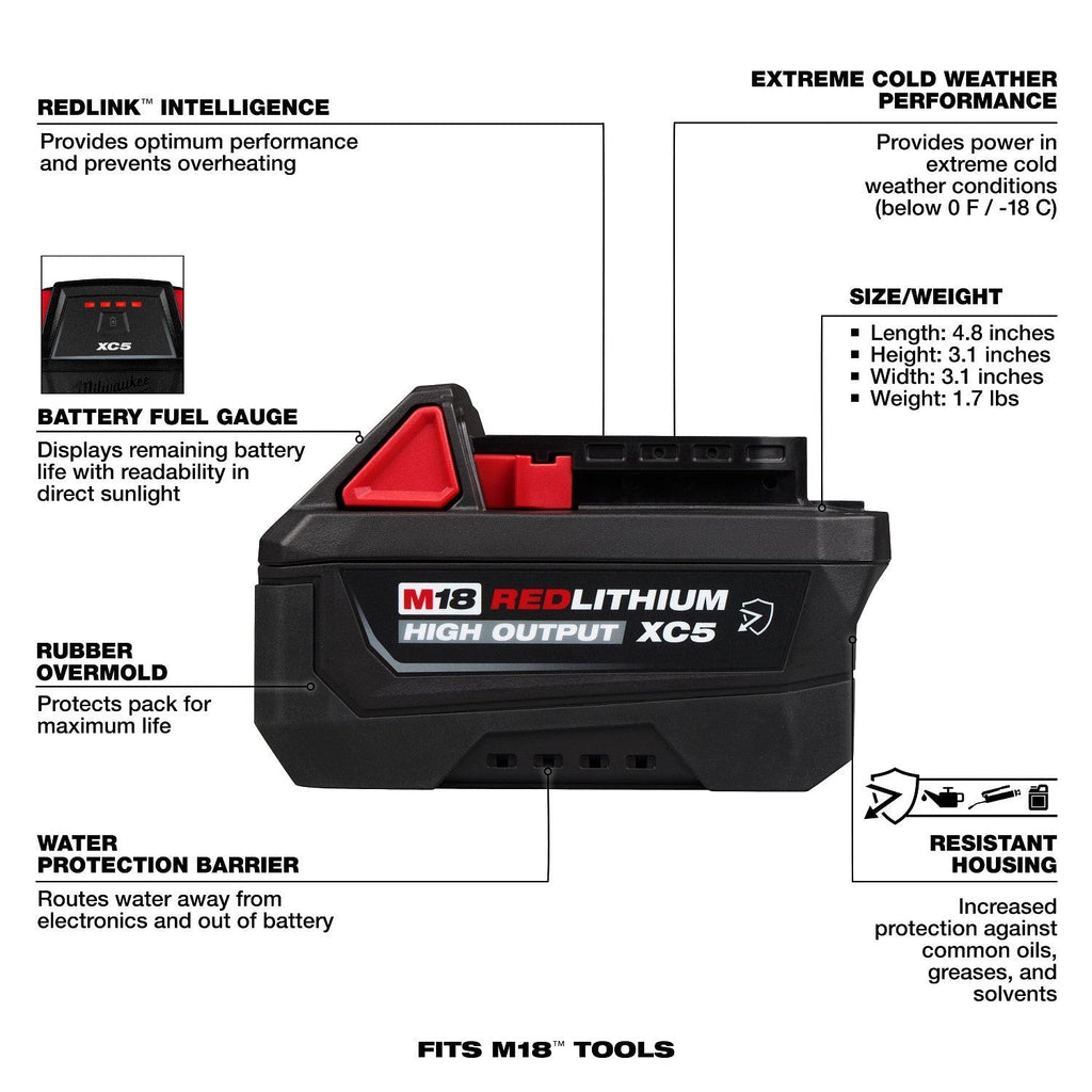 Milwaukee M18 REDLITHIUM HIGH OUTPUT XC5 5.0Ah Oil-Resistant Tabless Battery Pack (48-11-1855R)