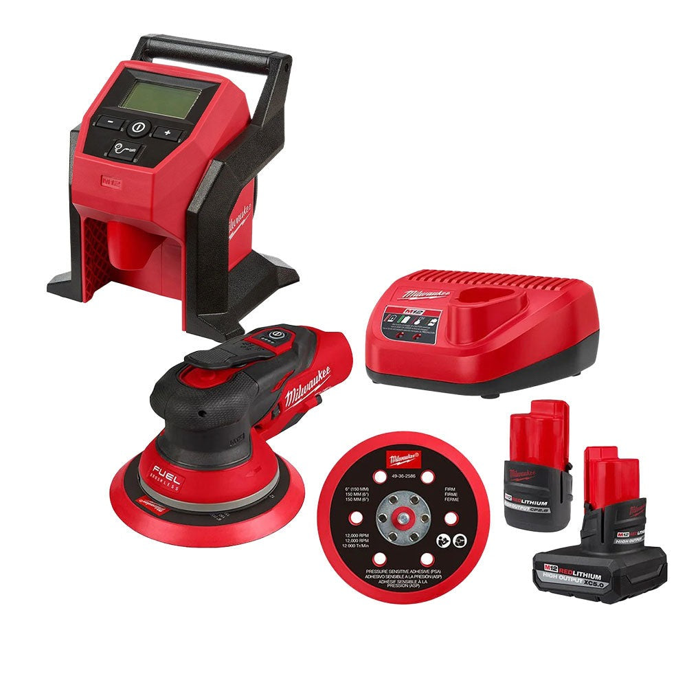 Milwaukee 2585-22CX M12 FUEL 6" Random Orbital Sander (3/16") with Compact Tire Inflator 2.5Ah / 5.0Ah Combo Kit